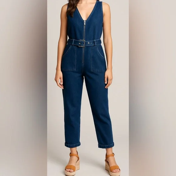 Rachel Comey Denim Utility Jumpsuit Wide Leg Sleeveless Belted Farm Boho Size 2 - Picture 1 of 10